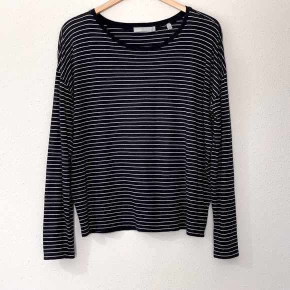 Vince 100% Pima Cotton Boxy Fit Striped Long Sleeve Tee Top in Black White Sz M - Picture 7 of 7